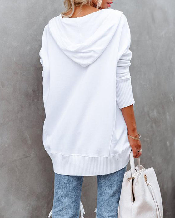 Tröja avslappnad v-ringad huva enfärgad lös