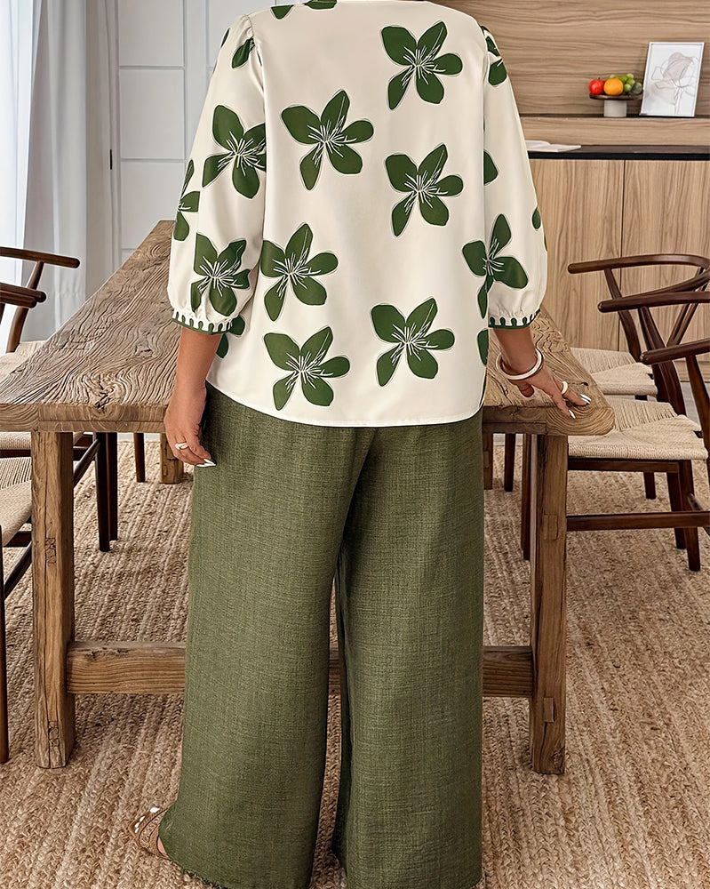 Set Blommig Tryck V-Hals Topp Vida Ben Byxor