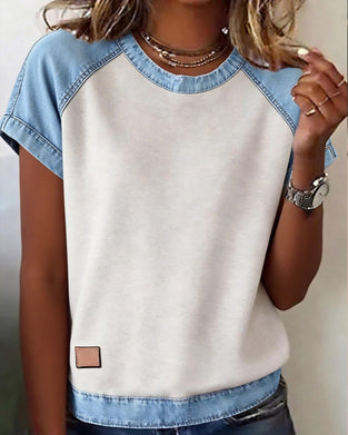 Topp Avslappnad Rund Hals Sammansatt Denim
