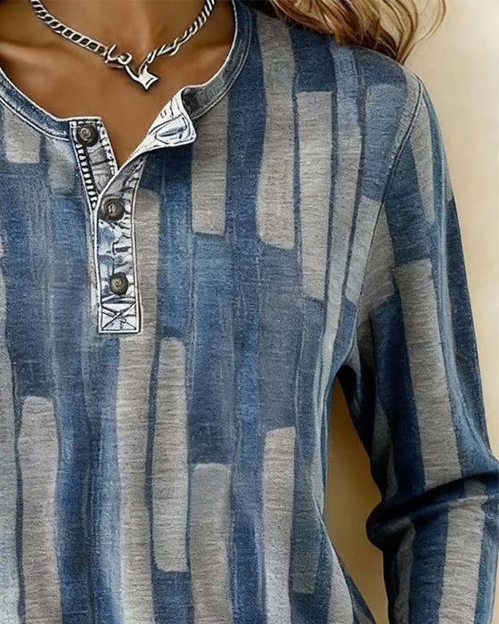 Tryckt Topp Med Knappskjortkrage Och Långa Ärmar