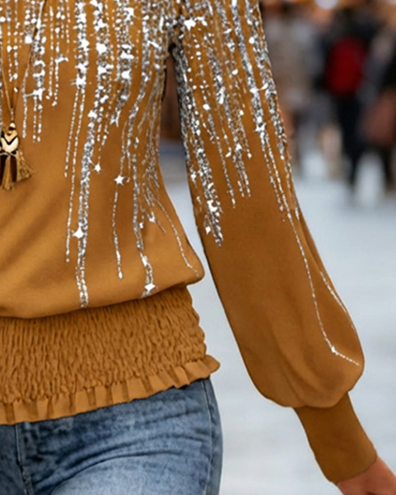 Modig Tryckt Långärmad Topp Med Runt Halsutsnitt