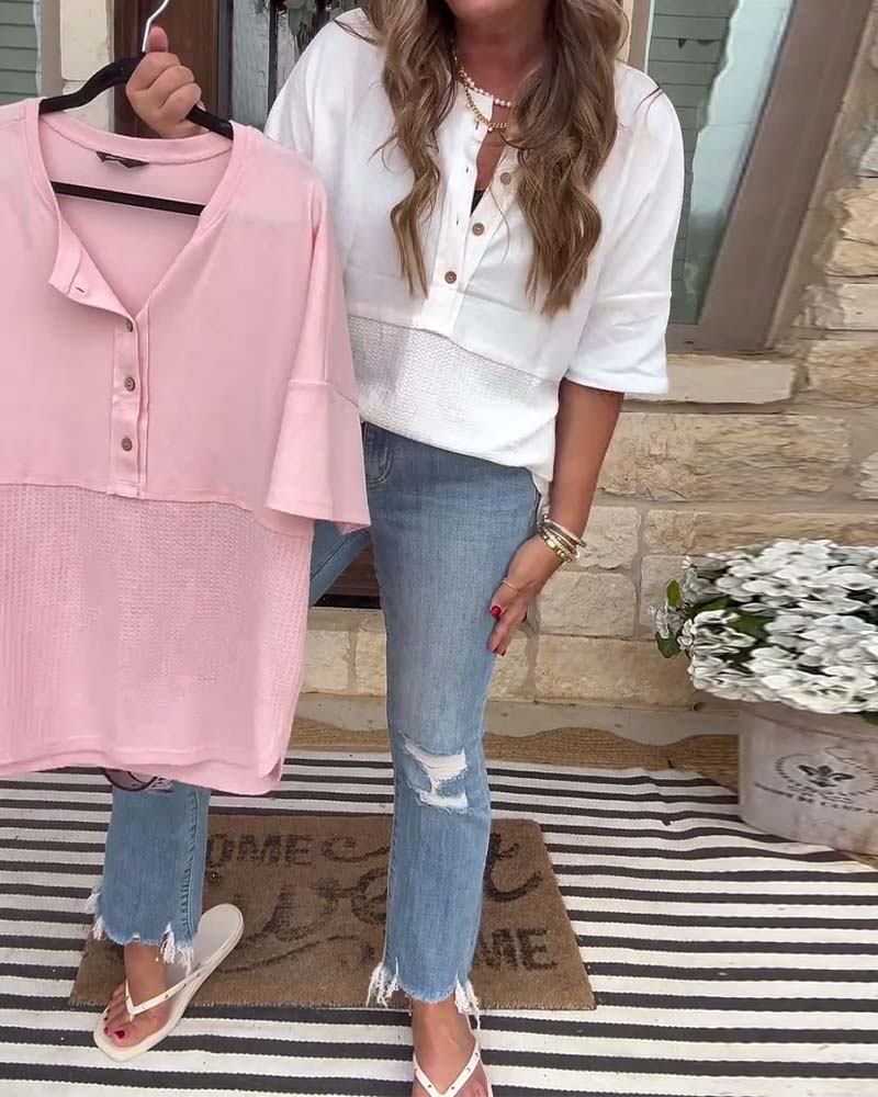 Topp Knäppning Framtill Kort Ärm Sammanfogad