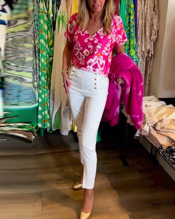 Tryckt V-ringad kortärmad topp