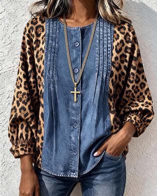 Blus Rundhals Knapp Leopard Denim Patchwork