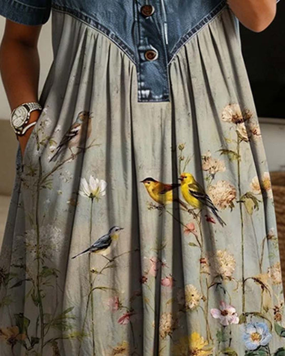 Klänning Skjortkrage Blommig Denim Patchwork