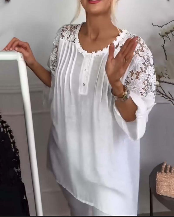 Blus Rund Hals Spets Lapptäcke Blommig