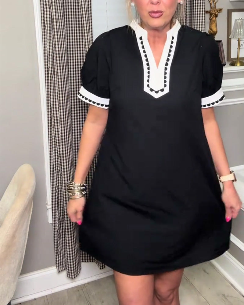 Klänning Bubbla Ärm Färgblock V-Hals