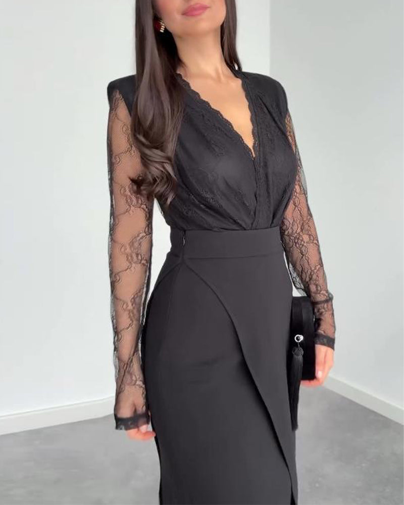 Två-Dels Set Med V-Hals Spets Top, Asymmetrisk Midikjol Och Elegant Stil