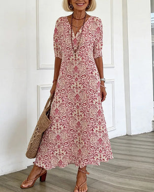 Klänning Vintage Blommönster V-Hals Maxi