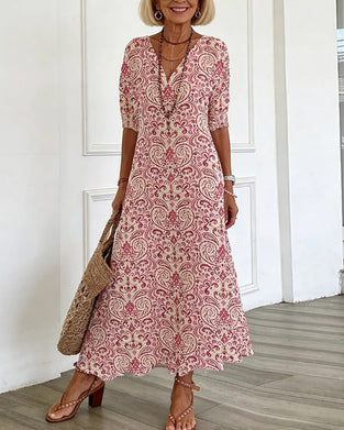 Klänning Vintage Blommönster V-Hals Maxi