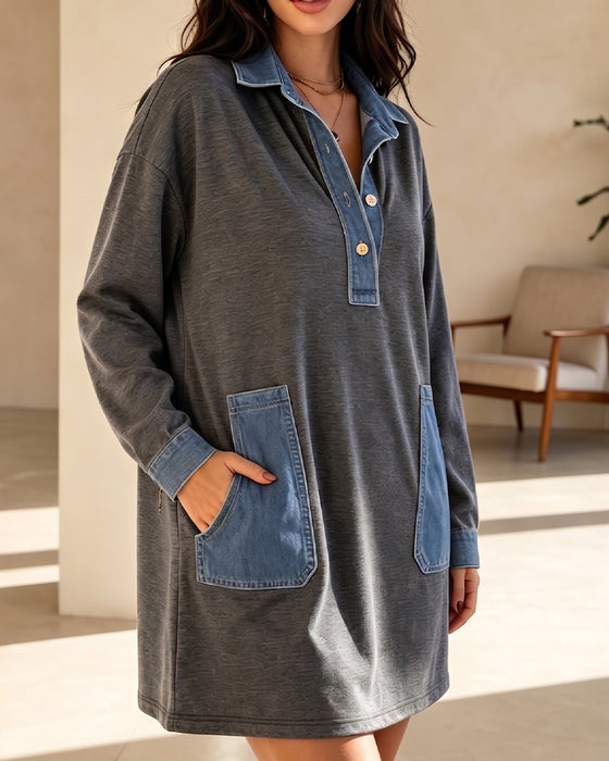 Klädning Polo Krage Denim Patchwork