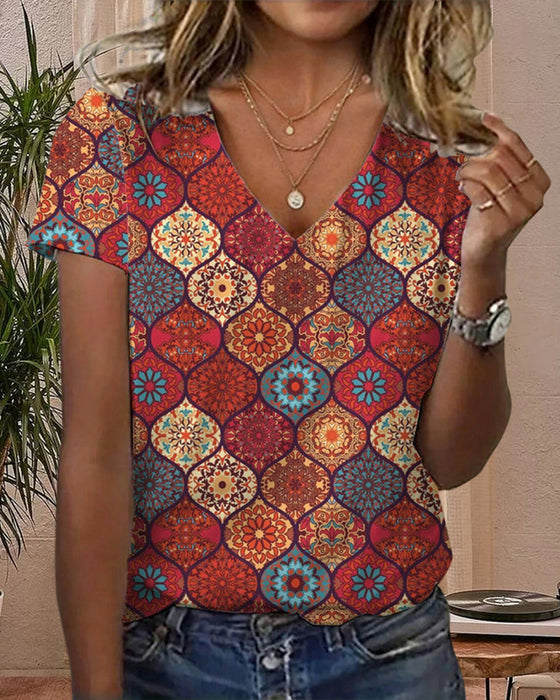 V - krage T - skjorta Med Retro Tryck