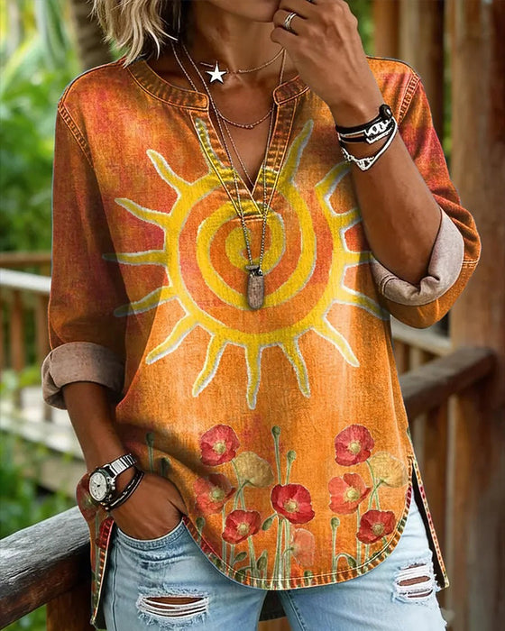 Topp Solros Tryck V-Hals