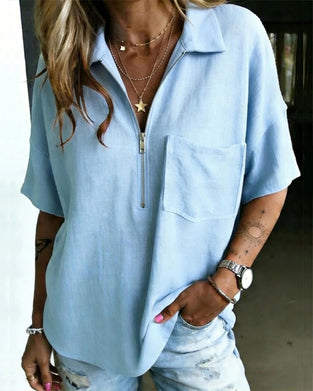 Skjorta Halv Dragkedja Krage Kort Ärm