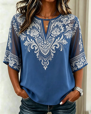 Blus V-Hals Sheer Etnisk Tryck