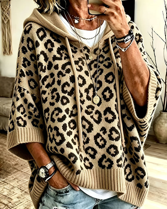 Hoodie Leopardmönster Mellanärm Ficka