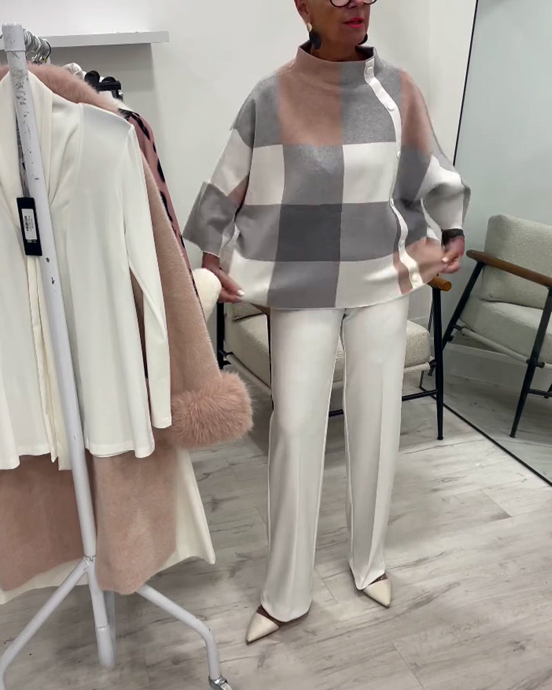 Rutig Tröja Med Långa Ärmar Och Rullekrage