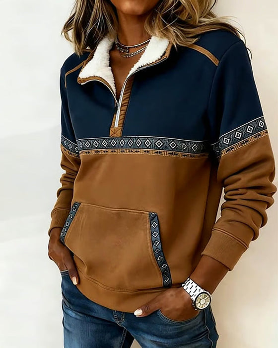 Retro Hoodie Med Färgblockning Och Pälskrage