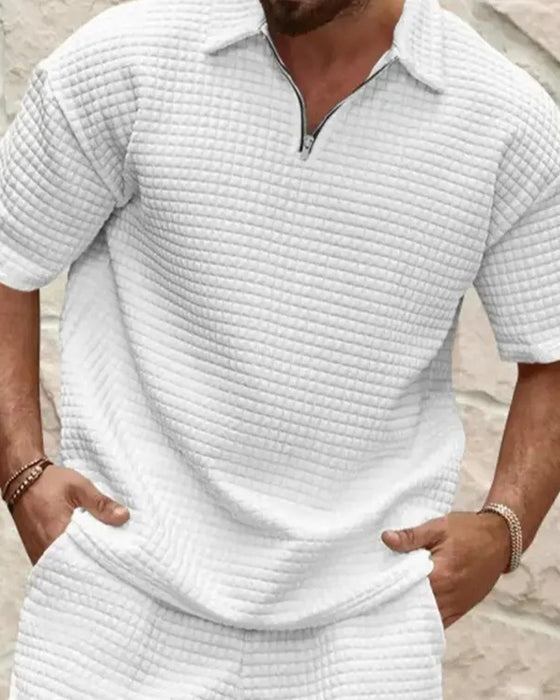 Set Polo Krage Dragkedja Våffel Textur Shorts