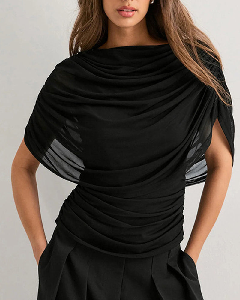 Blouse Mesh Scarf Hals Draped Slim Fit