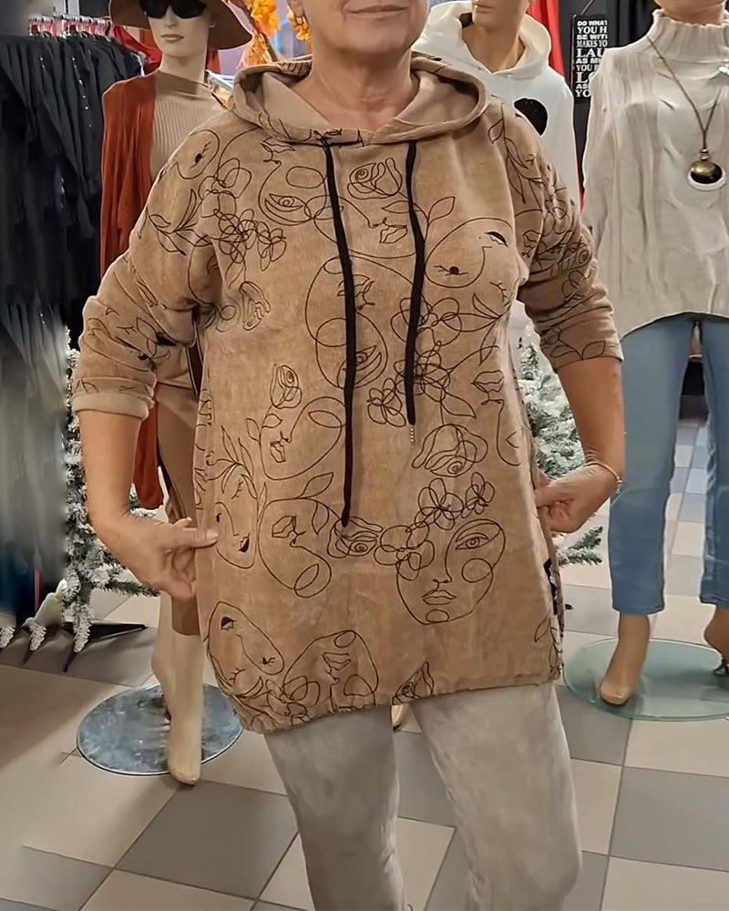 Hoodie Löst Sitthande Tryckt Med Huva