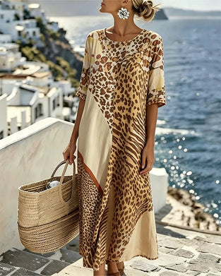 Klädning Leopard Tryck Rundhalsad Patchwork