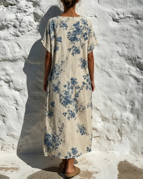 Klänning Rund Hals Vintage Blå Floral