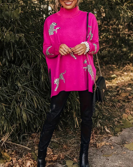 Snygg lös höghalsad tröja med leopardtryck