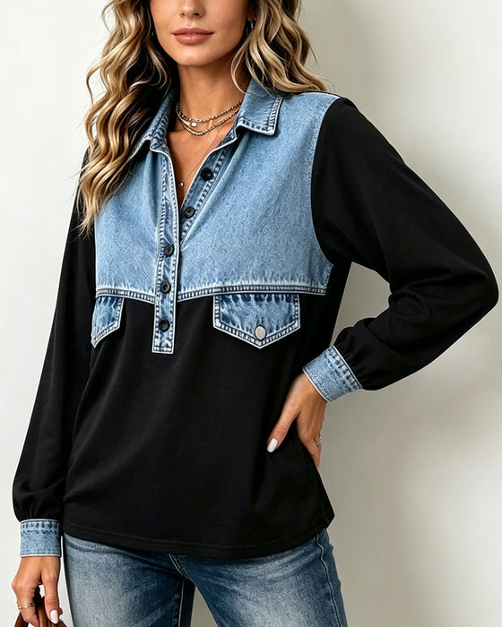 Sweatshirt Skjortkrage Ficka Patchwork