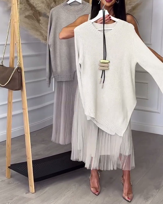 Tvådelat Set Med Pullover Och Kjol I Rund Halsringning Och Oregelbunden Design