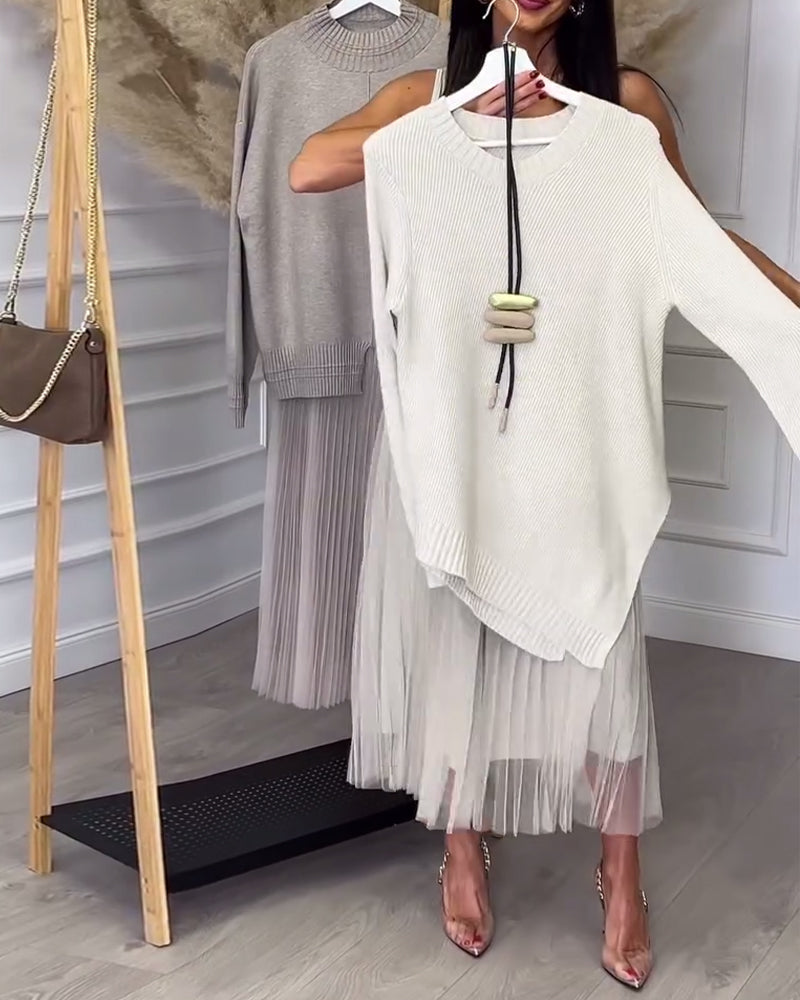 Tvådelat Set Med Pullover Och Kjol I Rund Halsringning Och Oregelbunden Design