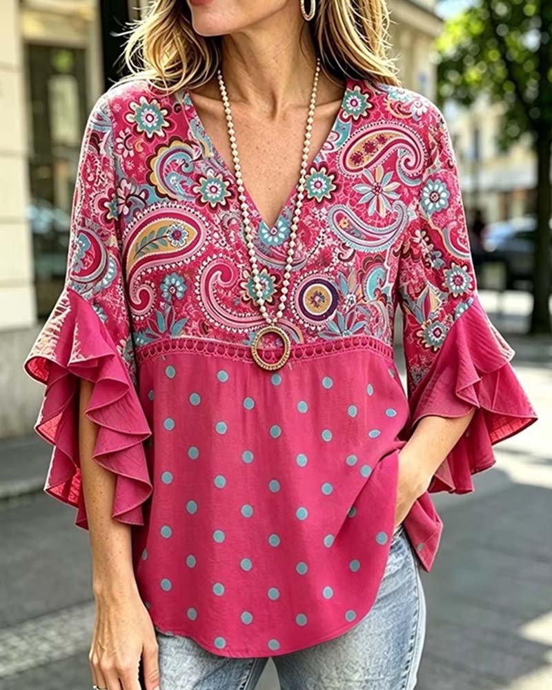 Blus V-Hals Blommig Prickig Ruffle
