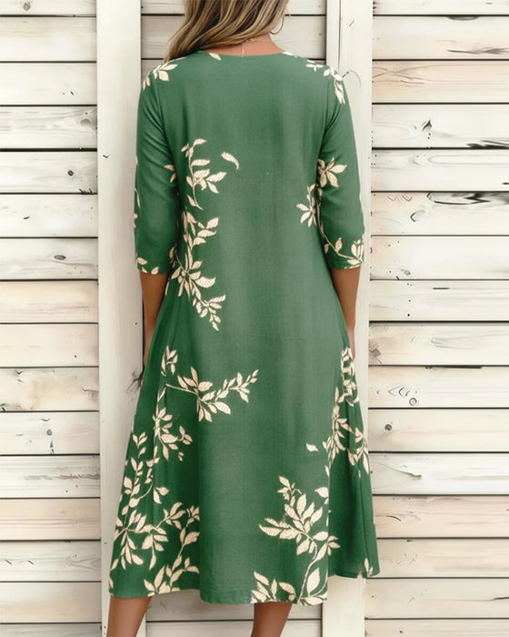 Klänning Botaniskt Print Knapp Rynkad