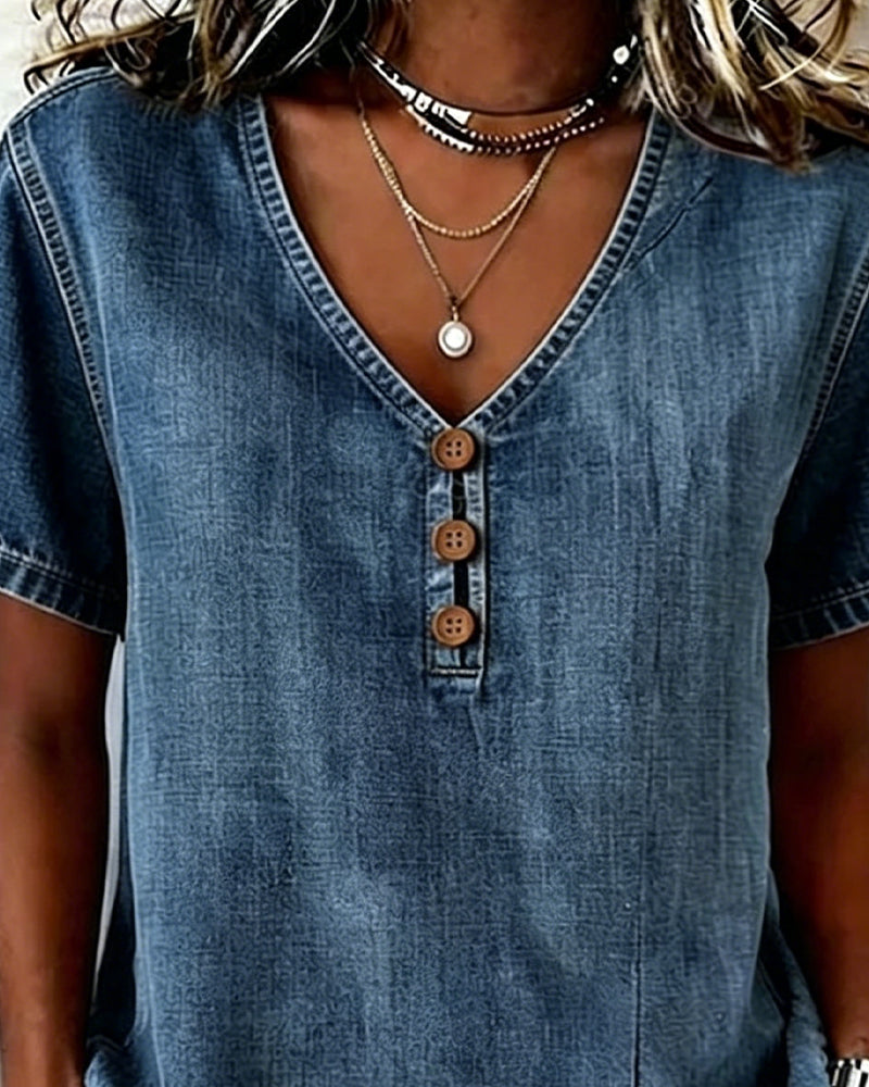 Blus Med Slitsad V-Ringning I Denim