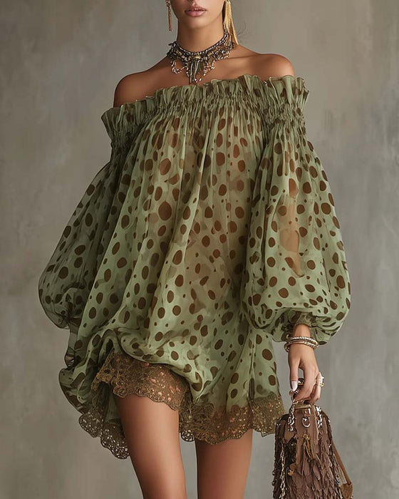 Klänning Leopardmönster Off-Shoulder Spets Patchwork