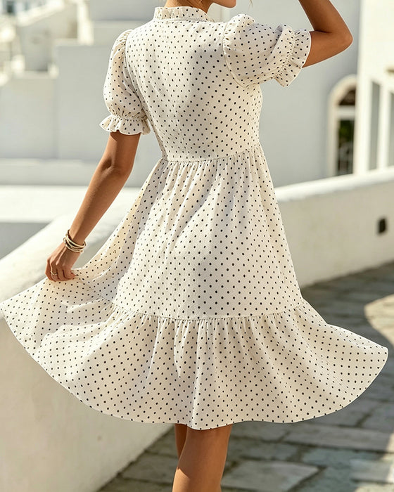 Klädning V-Hals Spets Trim Polka Dot