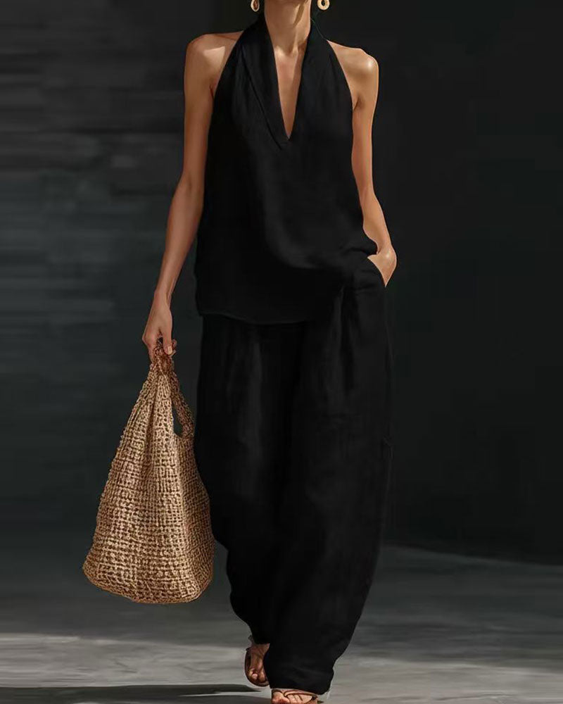 Set Lin Halsband Hals Ärmlös Bredbent Byxor