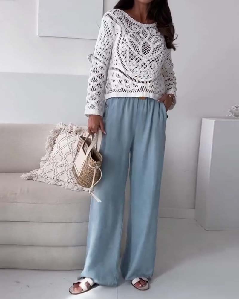 Byxor I Tvättad Denim Med Vida Ben