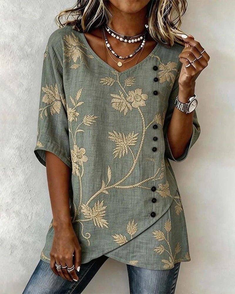 Blus Blommig V-ringning Casual