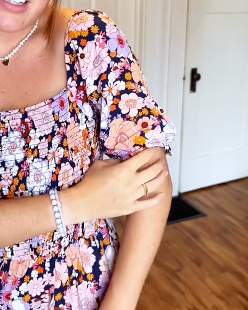 Hoppdräkt Fyrkantig Halsringning Blommig Rynkad