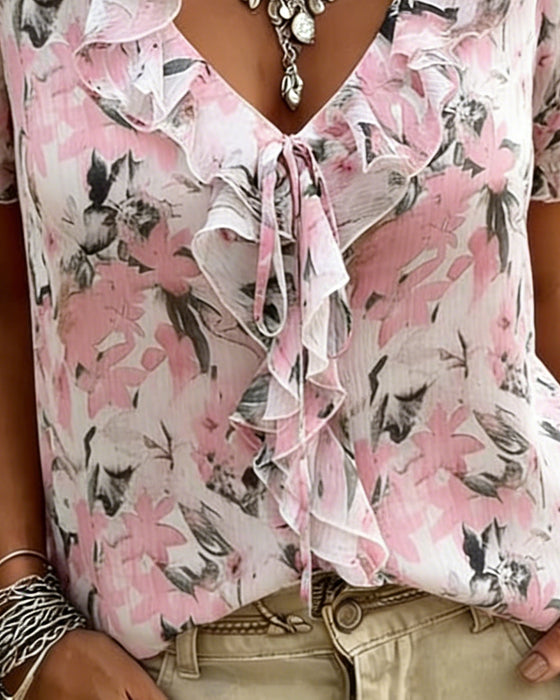 Blus V-Hals Ruffle Bubbel Ärm