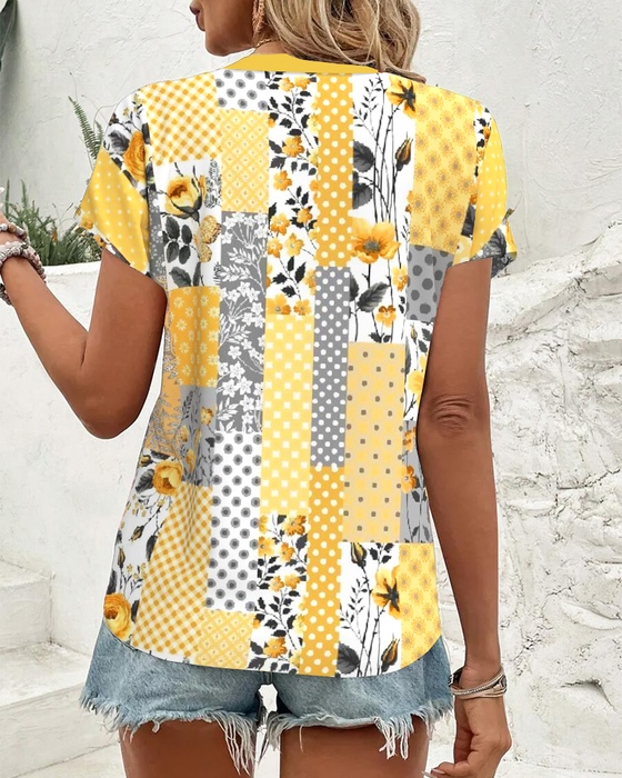 Blus V-Ringning Kortärmad Blommigt Mönster