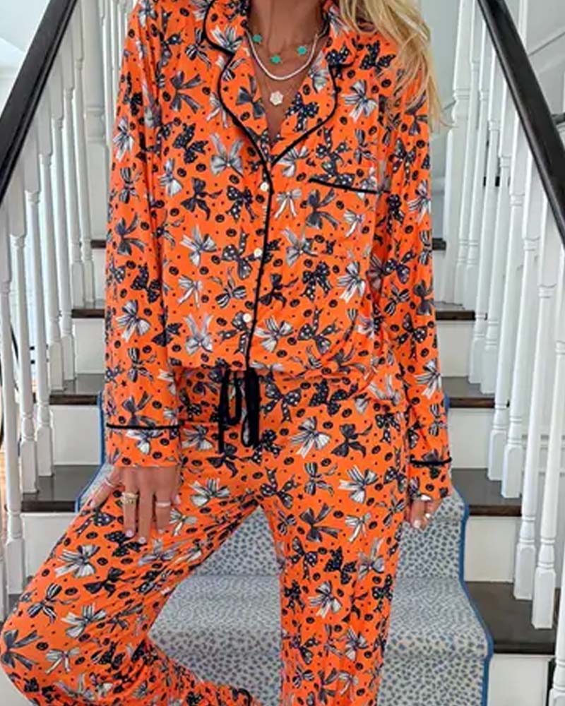 Pyjamas Set Skjortkrage Tryckt Knapp
