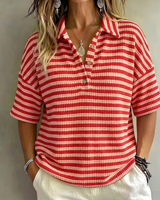 Blus Polo Krage Randig Knapp Fram