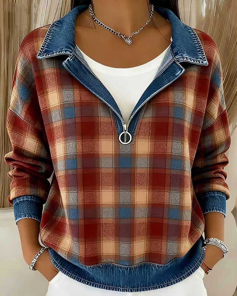Topp Denim Krage Rutig Halv-Dragkedja