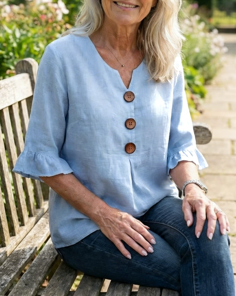 Blusar Enfärgad Bomullslinne Träknappar Rynkningar