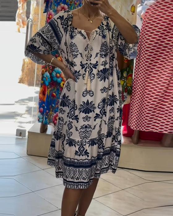 Klänning Rund Hals Tryckt Trumpet Korta Ärmar