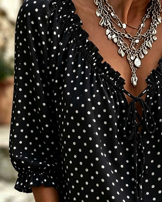 Blus V-Hals Ruffle Polka Dot Knytning