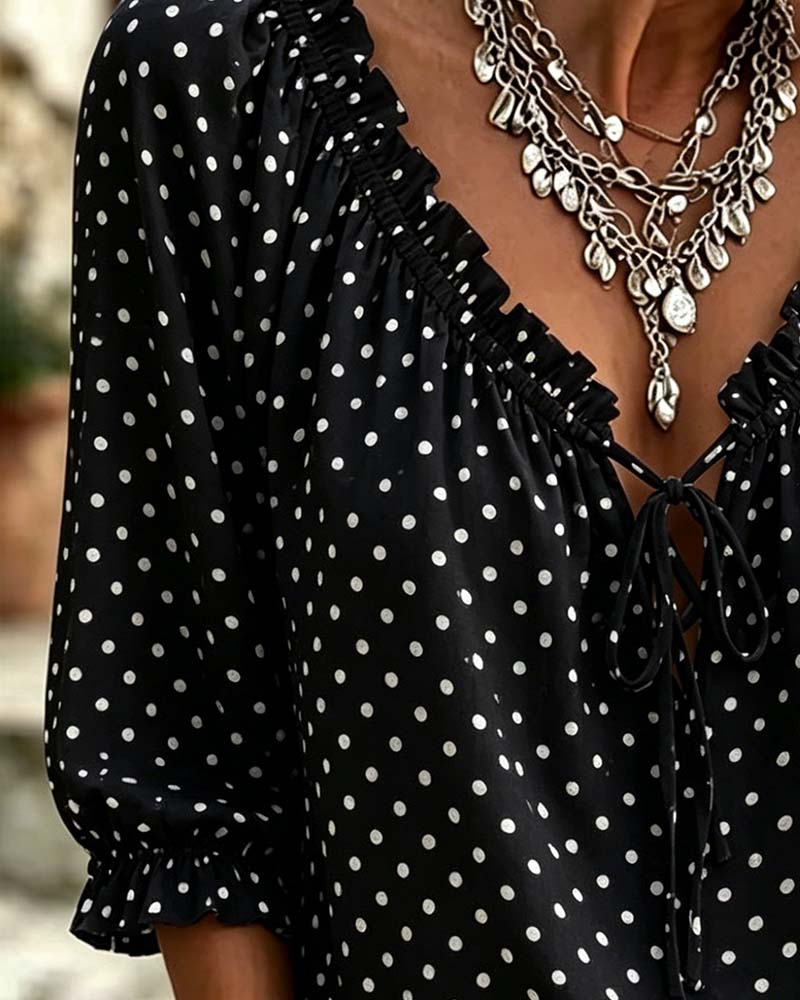 Blus V-Hals Ruffle Polka Dot Knytning