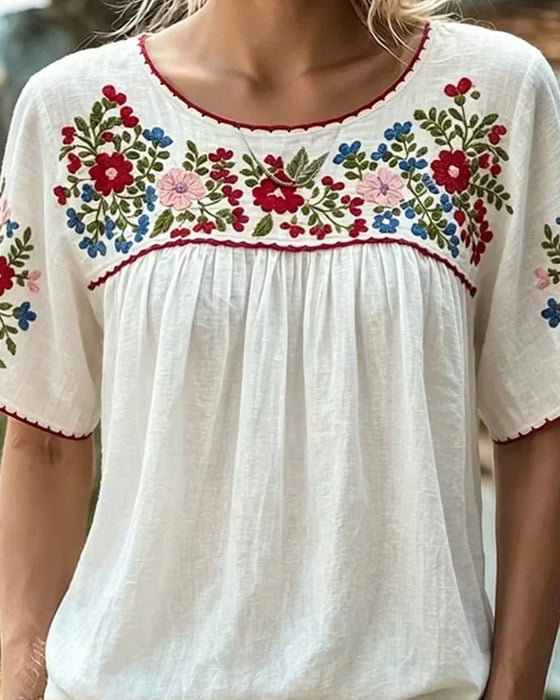 Blus Rundhalsad Broderad Bohemisk